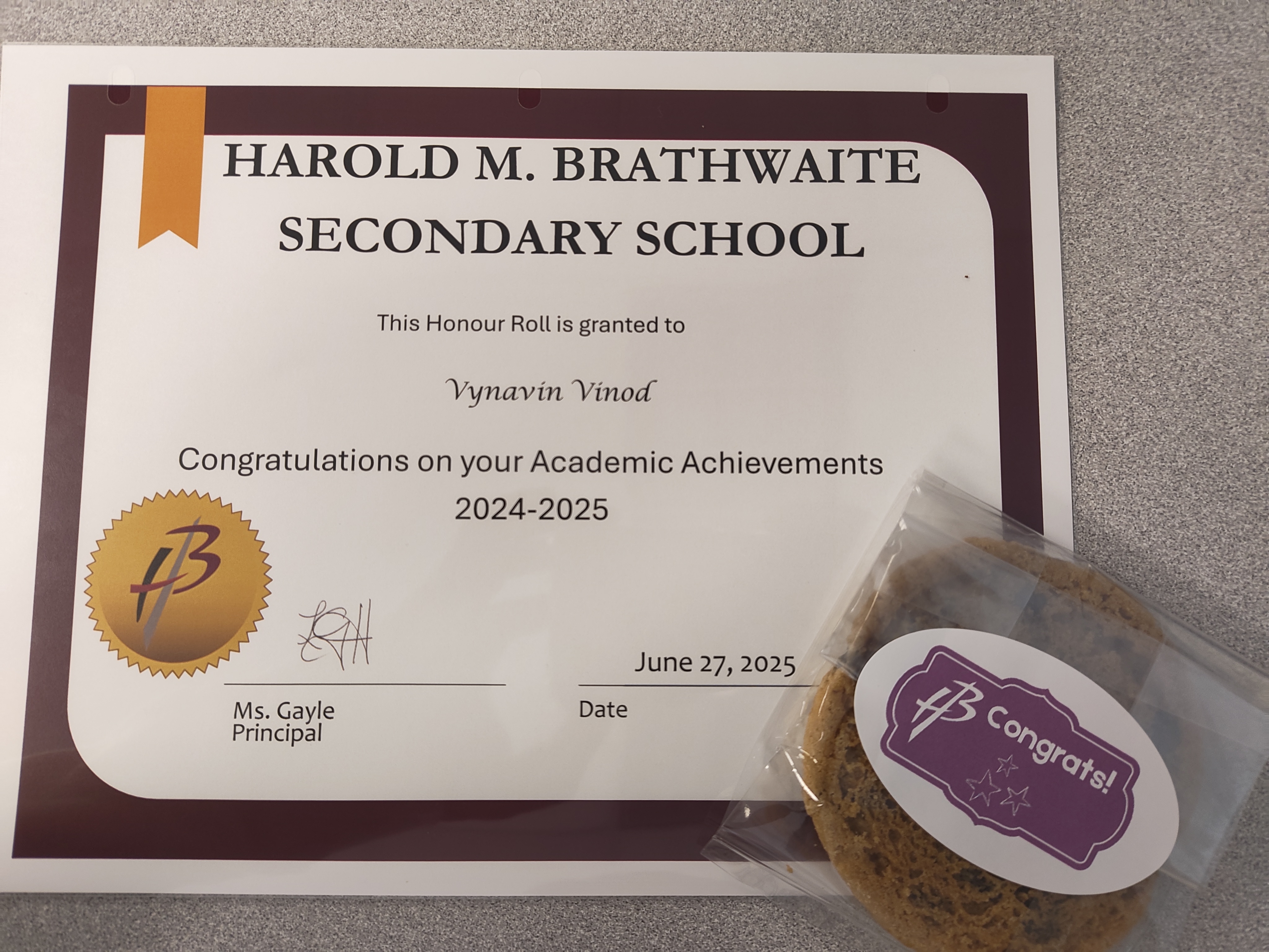 Honor Roll Certificate 2024-2025